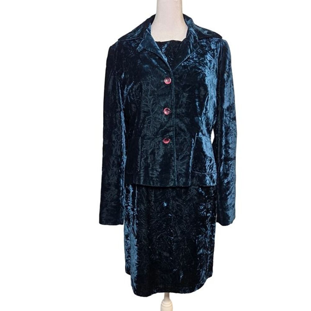 Vtg 90s Rossodisera Italy Teal Crushed Velvet Dress Suit Set MED Whimsigoth Luxe